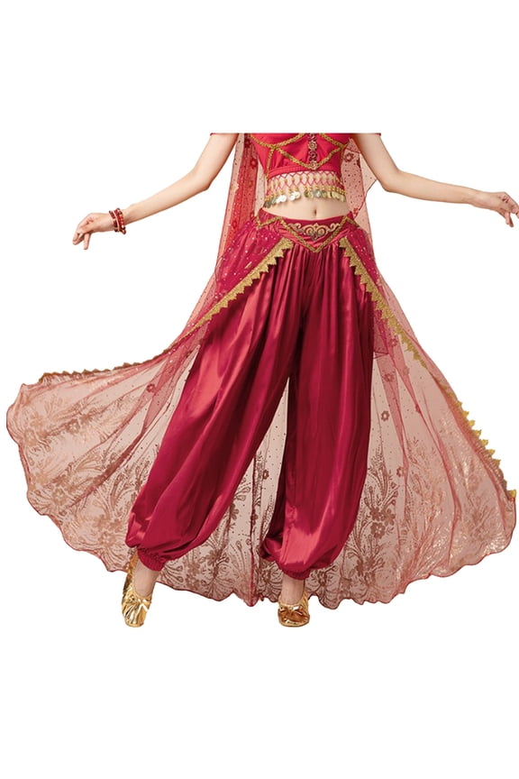 Women's Belly Dance Pants Trousers India Dance Bollywood Lantern Bloomers Loose Pants B Burgundy One Size