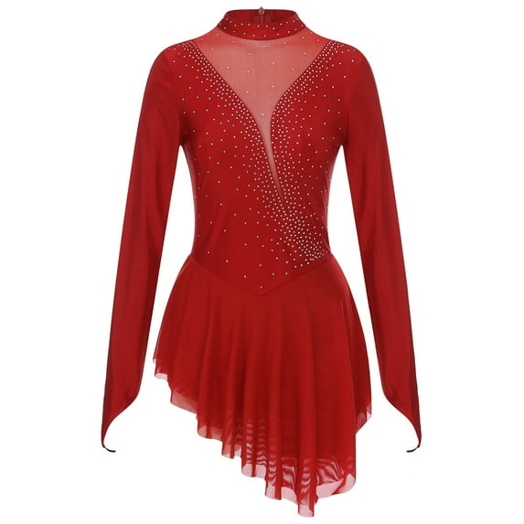 Alvivi Women's Figure Ice Roller Skating Lyrical Dance Leotard Dress Competition Costume Burgundy XXL