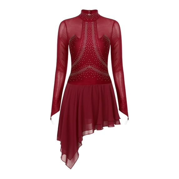 Alvivi Women's Figure Skating Dance Costume Long Sleeve Roller Skating Dress Skater Gymnastic Leotard Burgundy XXL