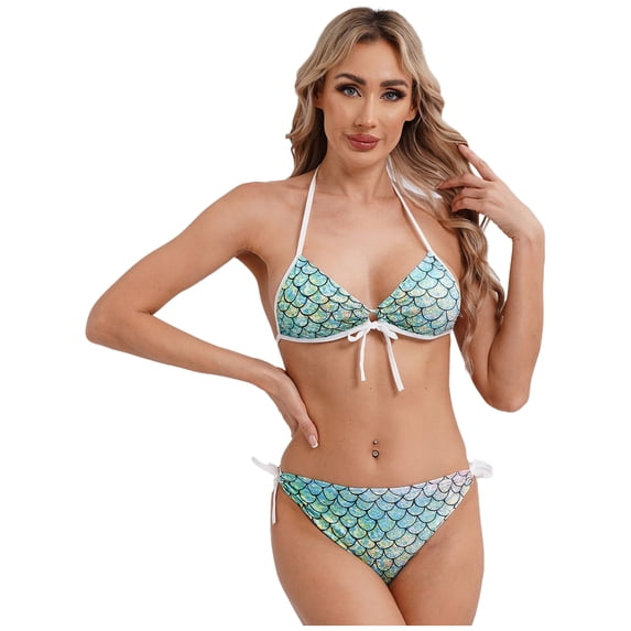 Alvivi Women's Fish Scale Printed Two Piece Bikini Sets Lace Up Padded Brazilian Bathing Suits Type J XXL
