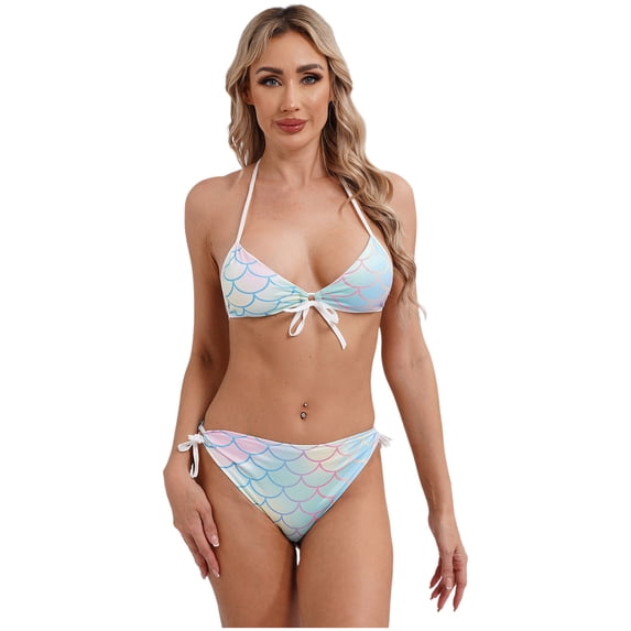 Alvivi Women's Fish Scale Printed Two Piece Bikini Sets Lace Up Padded Brazilian Bathing Suits Type L M