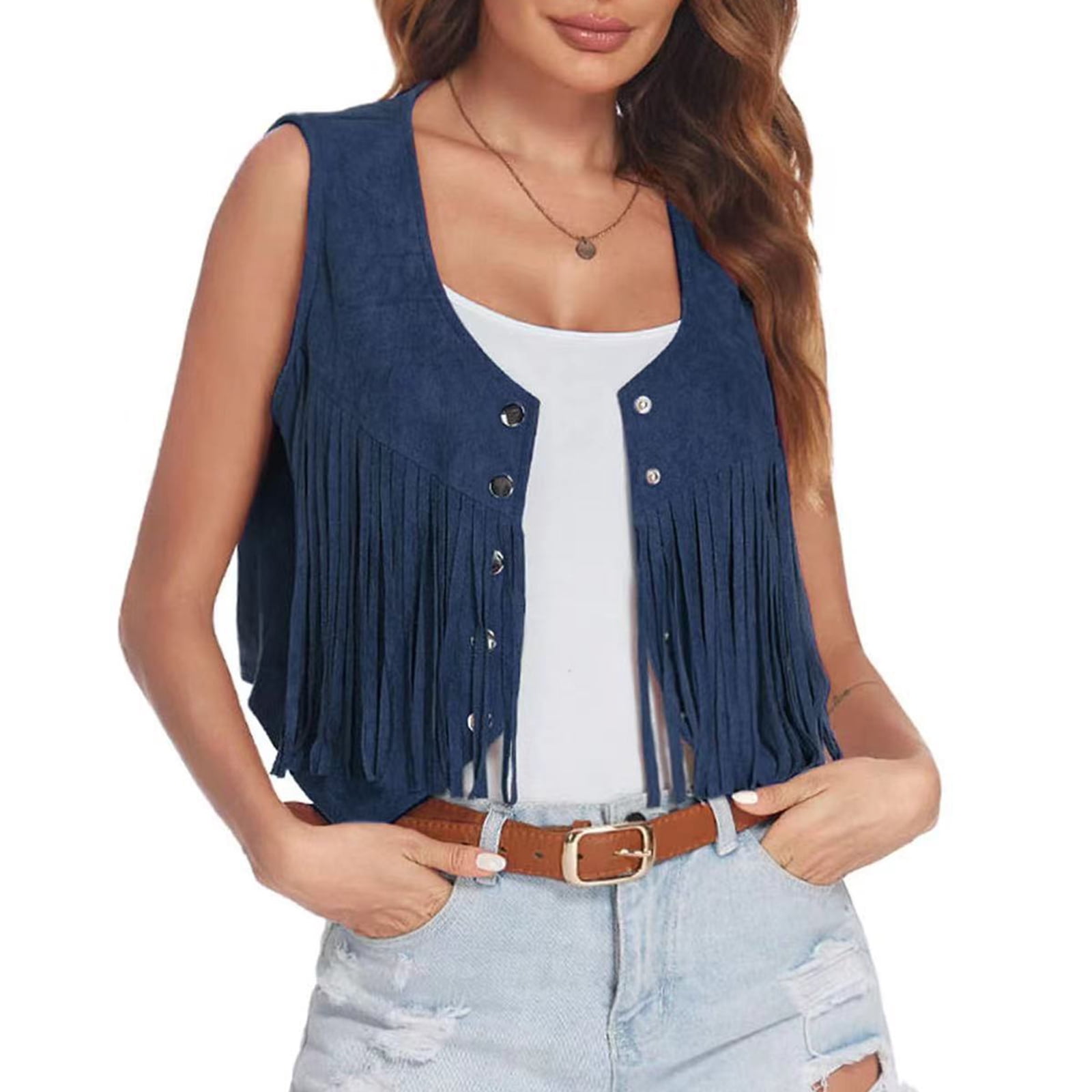 Alvivi Women's Fringe Vest Faux Suede Button Front Vest Sleeveless 70s