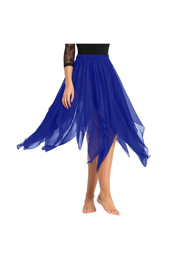 Women's Girls 13 Panel Chiffon Belly Dance Hi-lo Asymmetric Side Split Skirt Costume Blue One_Size
