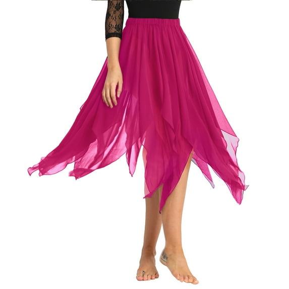 Alvivi Women's Girls 13 Panel Chiffon Belly Dance Hi-lo Asymmetric Side Split Skirt Costume Rose One_Size