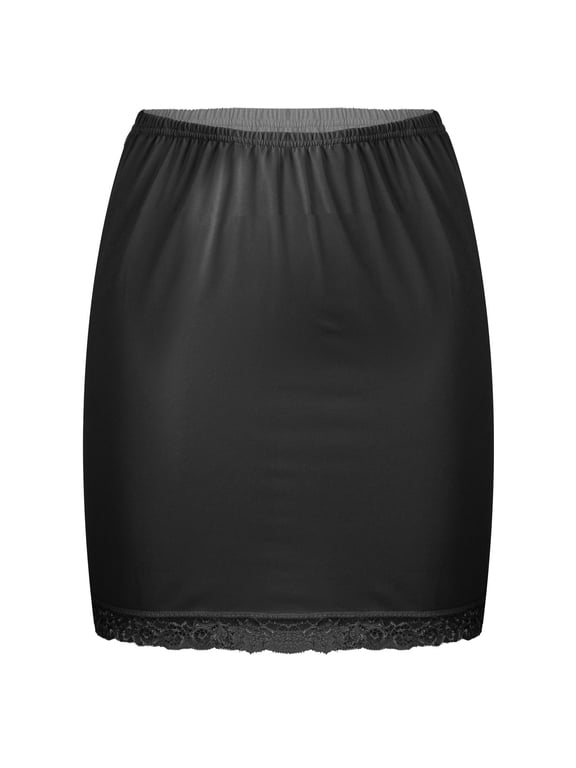 Women's Half Slips Lace Hem Underskirt Elastic Waist Petticoat Skirt for Commuter OL Under Dress Black OneSize