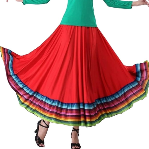 Alvivi Women's High Waist Rainbow Stripe Hem Skirt Flamenco Ballroom Dancewear Folk Dancing Costume Red 87cm 4XL