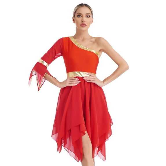 Alvivi Women's Irregular Liturgical Praise Worship Dance Dress One Shoulder Sequin Trim Tunic Red XL