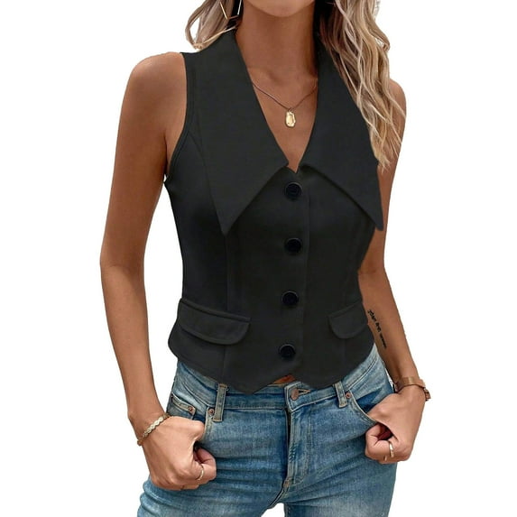 Alvivi Women's Lapel Collar V Neck Waistcoat Button Sleeveless Vest Blazer Jacket Top Black XL