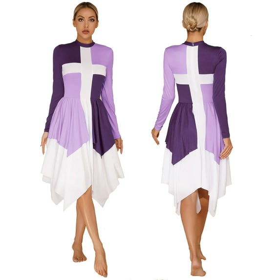 Alvivi Women's Layered Cross Praise Dance Dress Church Worship Liturgical Dance Costume Purple XL