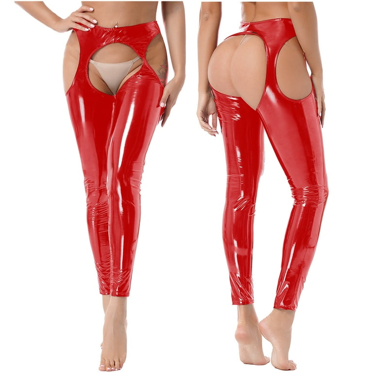 Alvivi Women's Leather PVC Suspender Leggings Latex Stretchy High Waist  Bottomless Pants Red L