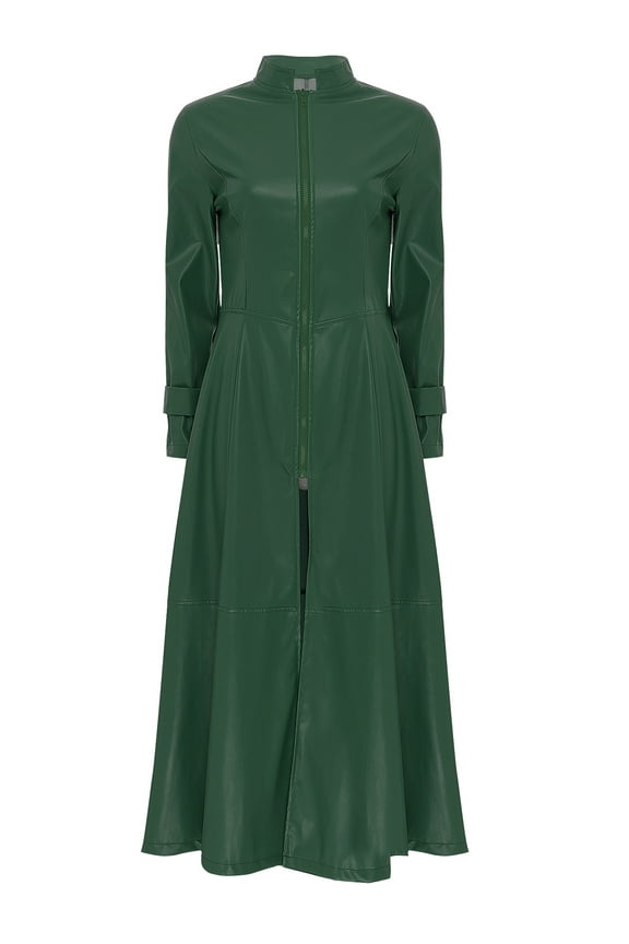 Women's Leather Trench Coat Full Zipper Ankle Length Long Jacket Moto Biker Coat Dress Dark Green XL