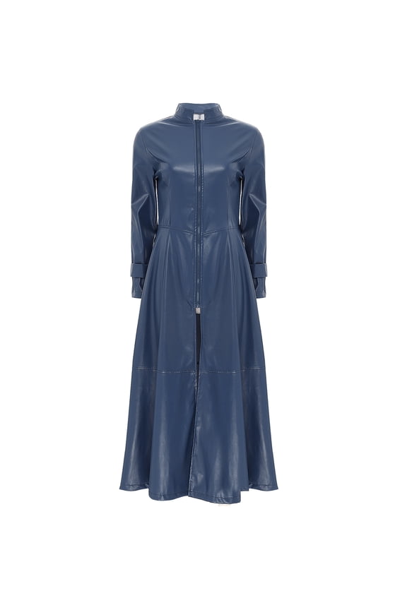 Women's Leather Trench Coat Full Zipper Ankle Length Long Jacket Moto Biker Coat Dress Navy Blue L