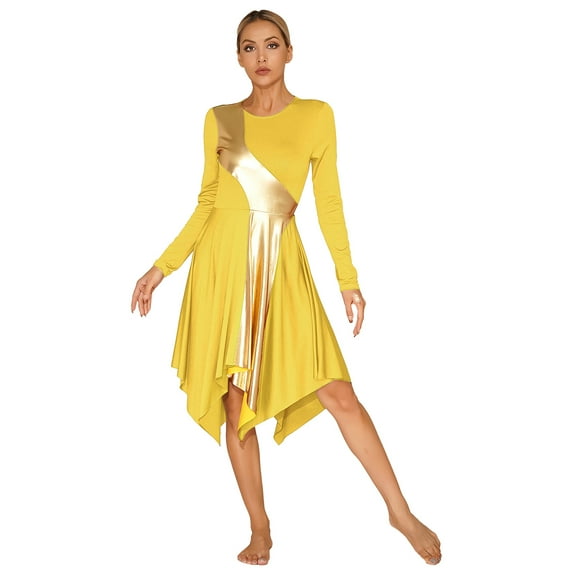 Alvivi Women's Long Sleeve Asymmetrical Praise Dance Dress Metallic Church Worship Lyrical Dancewear Yellow L