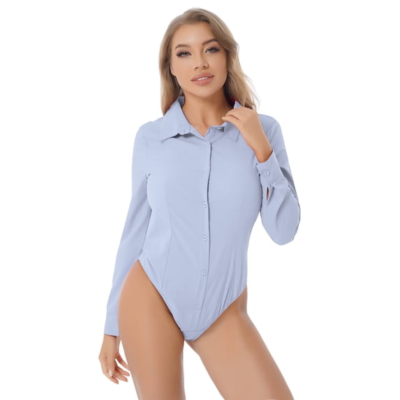 Alvivi Women's Long Sleeve Button Down Shirts Bodysuit Blouse Career Top Blouse Business Work Shirt Light Blue 3XL