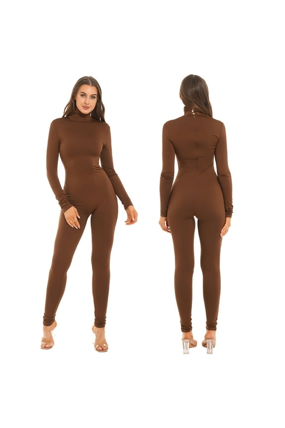 Women's Long Sleeve Full Unitard Workout Gymnastics Bodysuit Athletic Dance Jumpsuit Brown XL