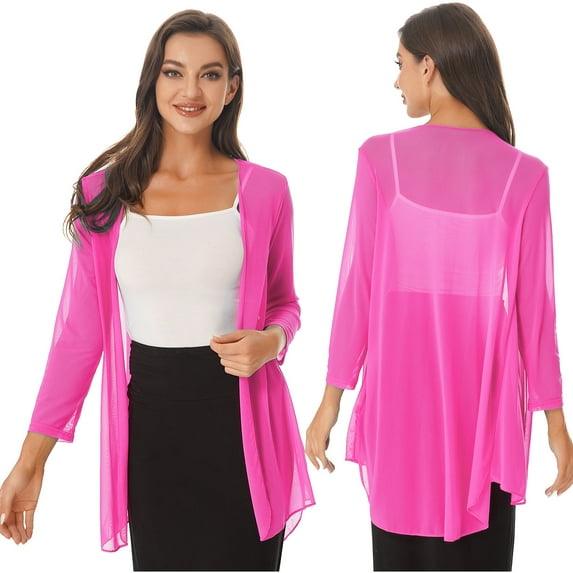 Alvivi Women's Long Sleeve Open Front Cardigan Chiffon Bolero Shrug Sweater Cover Up Blouse Tops Rose Red 5XL