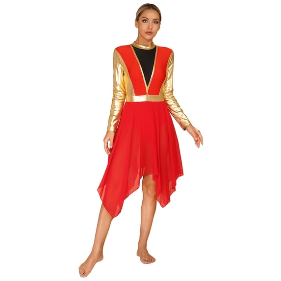 Alvivi Women's Long Sleeve Praise Dance Dress Tunic Metallic Gold Color Block Worship Dancewear Red M