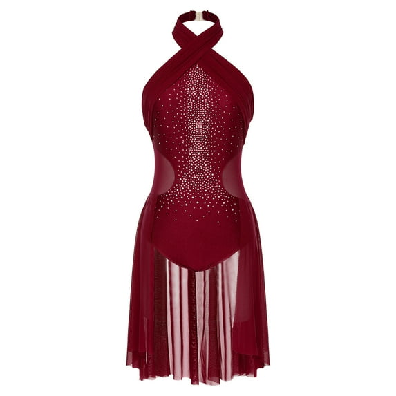 Alvivi Women's Lyrical Ballet Dancewear Leotard Sleeveless Halter Neck Flowy Skirt Dress Burgundy XL