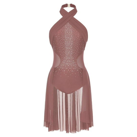 Alvivi Women's Lyrical Ballet Dancewear Leotard Sleeveless Halter Neck Flowy Skirt Dress Dusty Pink S