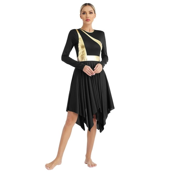 Alvivi Women‘s Lyrical Praise Dance Dress Color Block Long Sleeve Contemporary Worship Dancewear Black XXL