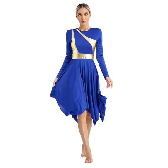 Alvivi Women‘s Lyrical Praise Dance Dress Color Block Long Sleeve Contemporary Worship Dancewear Blue S