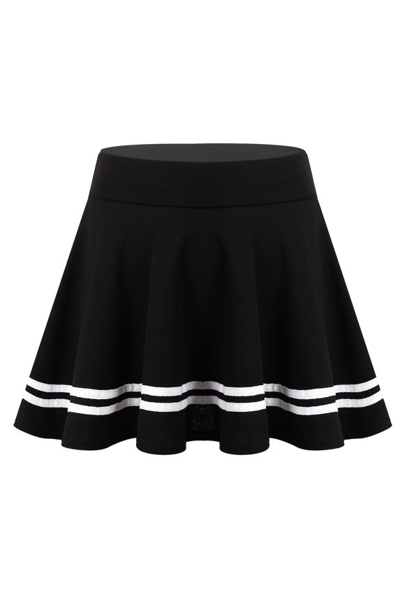 Women's Mini Pleated Stretch Schoolgirls Flared Striped Hemline A-Line Skater Skirts Black L