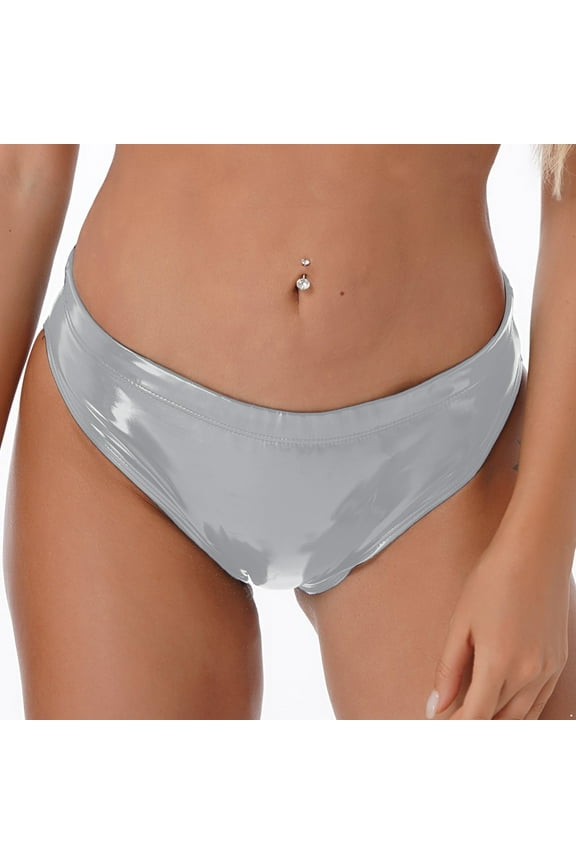 Women's PU Leather Booty Shorts Low Rise Festival Dance Dance Bottoms Latex Briefs Panties Silver 3XL