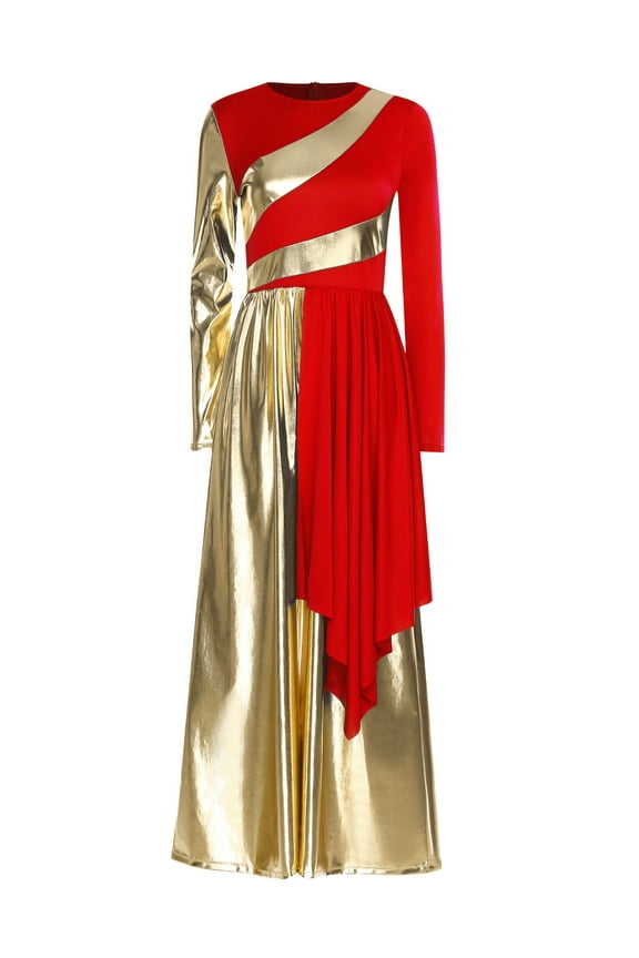 Women's Praise Dress Liturgical Dancewear Dance Dress Long Sleeve Metallic Patchwork Spiritual Worship Dancewear Red M