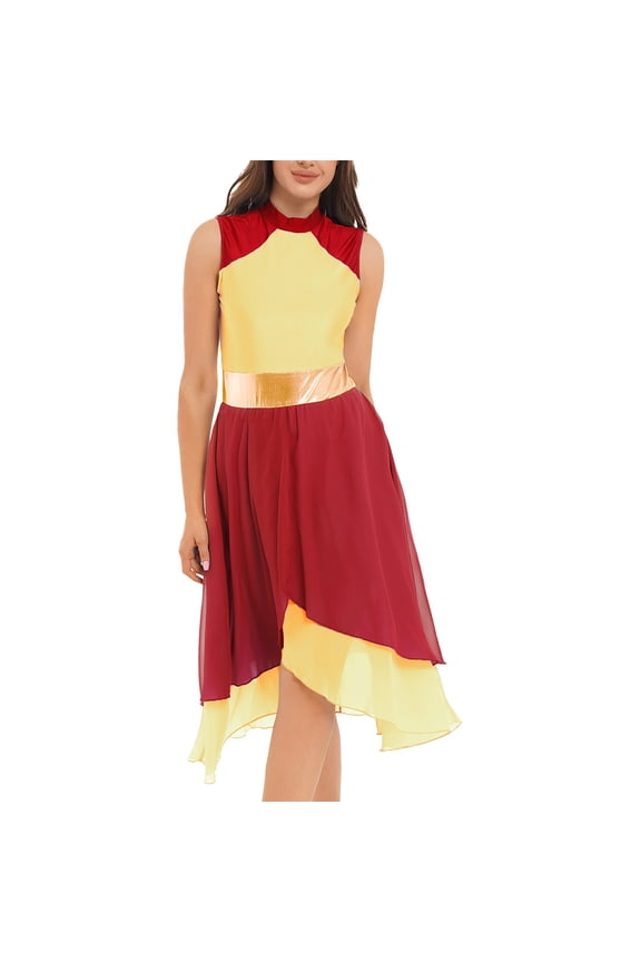 Women's Praise Worship Dance Dress Asymmetrical Hem Chiffon Liturgical Lyrical Dance Costume Red&Yellow M