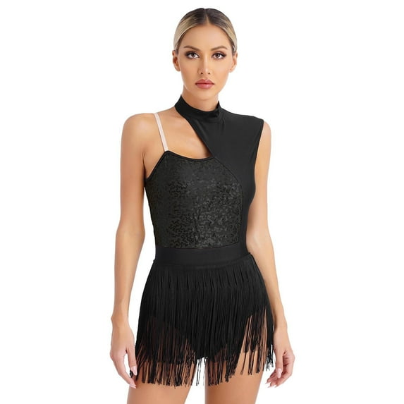 Alvivi Women's Sequin Latin Dance Dress Sleeveless Fringe Hem Jazz Ballroom Samba Salsa Leotard Black M