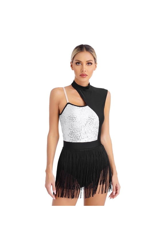 Women's Sequin Latin Dance Dress Sleeveless Fringe Hem Jazz Ballroom Samba Salsa Leotard Silver XL