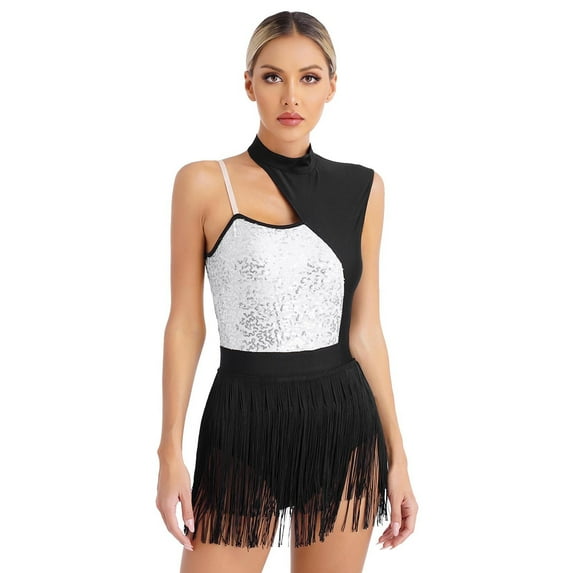 Alvivi Women's Sequin Latin Dance Dress Sleeveless Fringe Hem Jazz Ballroom Samba Salsa Leotard Silver XXL