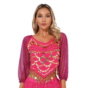 Alvivi Womens Sequined Belly Dance Chiffon Irregular Hem Crop Top Performance Costume Hot Pink One Size