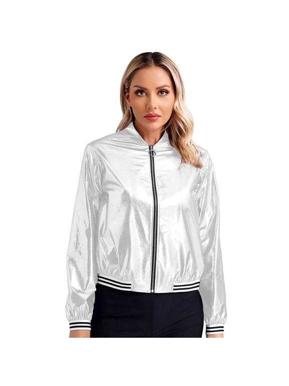 Women's Shiny Holographic Zip Up Bomber Jacket Elastic Striped Bands Coat for Disco Nightclub Silver M