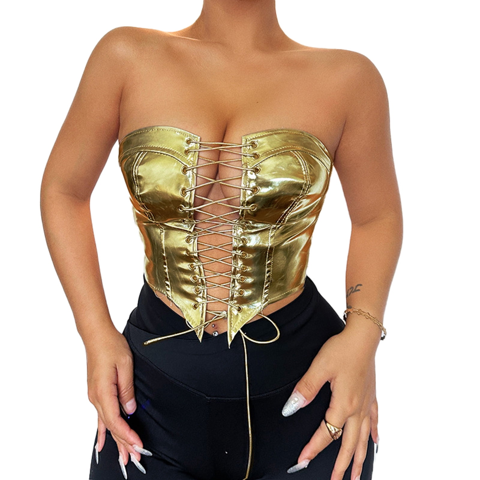 Alvivi Women's Shiny Liquid Leather Strapless Crop Top Corset