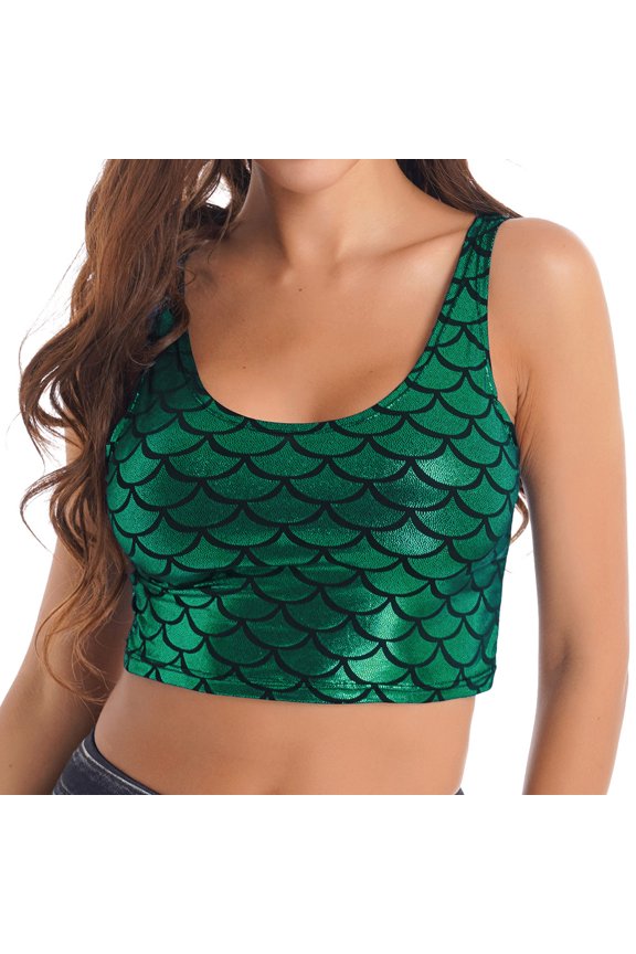 Women's Shiny Metallic Fish Scale Print Cropped Tank Top Vest Tops Festival Rave Outfits Green One Size