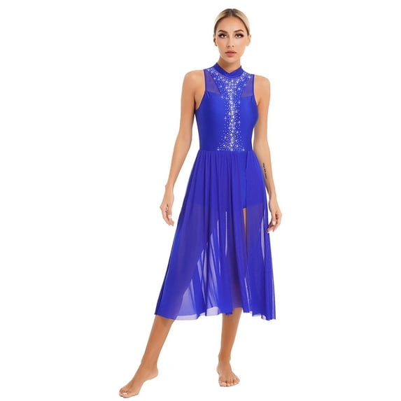 Alvivi Women's Shiny Rhinestone Sleeveless Lyrical Dance Maxi Dress Performance Costume Royal Blue L