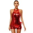 thumbnail image 1 of Alvivi Women's Shiny Sequins Dance Costumes Back Tiered Mesh Ruffles Leotard Bodysuit Jumpsuit Red M, 1 of 7