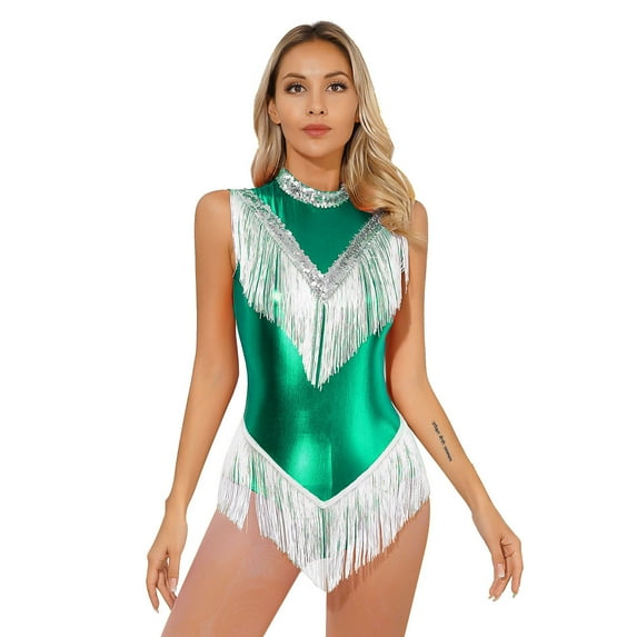 Alvivi Women's Shiny Sequins Metallic Fringed Turtleneck Dance Dress Gymnastic Tassel Leotard Green XXL