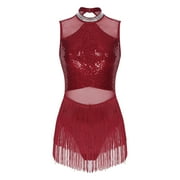 Alvivi Womens Shiny Sequins Tassel Latin Dance Dress Jazz Chacha Dancewear Leotard Bodysuit Burgundy XL