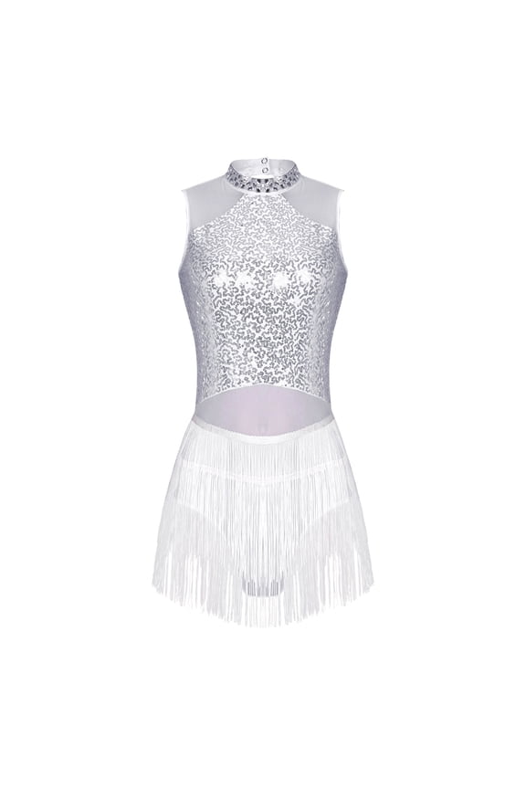 Women's Shiny Sequins Tassel Latin Dance Dress Jazz Chacha Dancewear Leotard Bodysuit White S