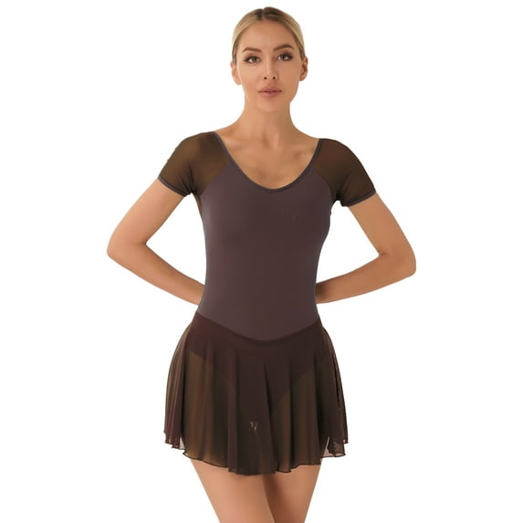 Alvivi Women's Short Sleeve Backless Skirted Leotards Ballet Dance Dress Gymnastics Bodysuits Coffee XL