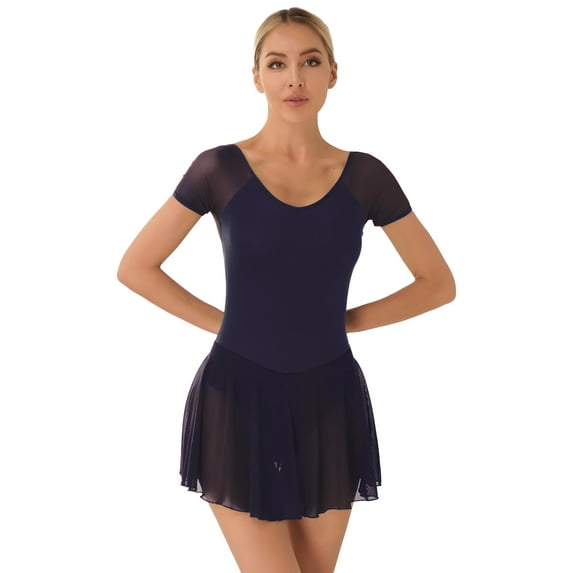 Alvivi Women's Short Sleeve Backless Skirted Leotards Ballet Dance Dress Gymnastics Bodysuits Dark Blue L