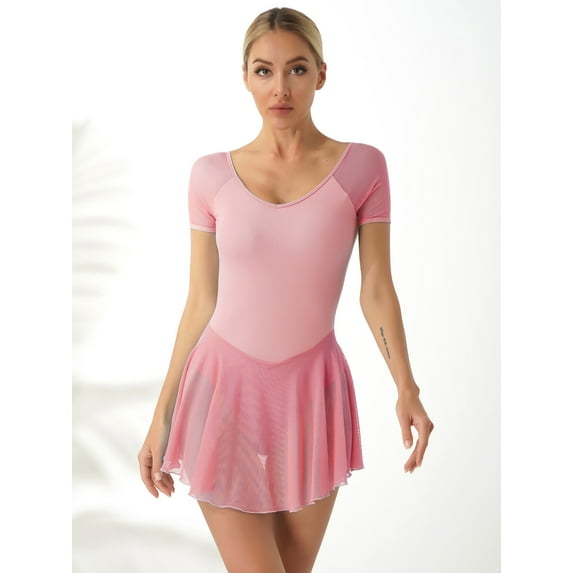 Alvivi Women's Short Sleeve Backless Skirted Leotards Ballet Dance Dress Gymnastics Bodysuits Pink M