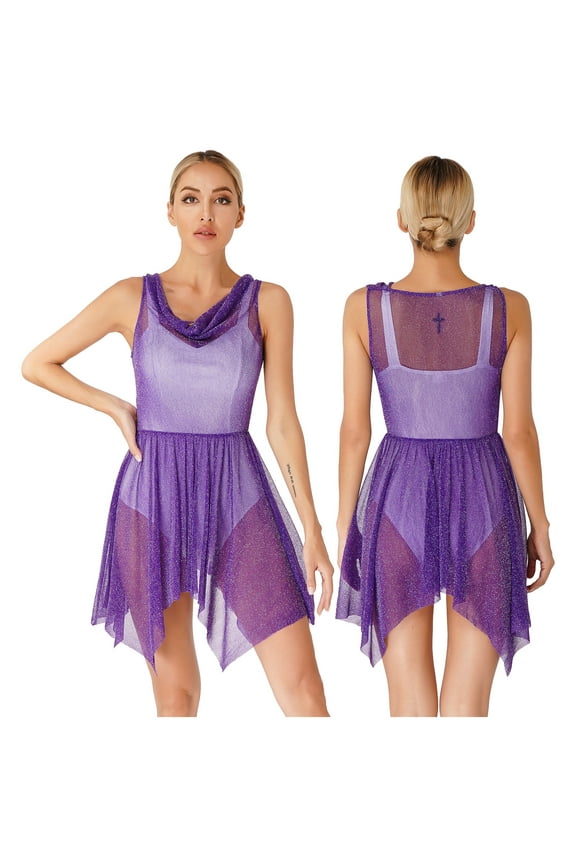 Women's Sleeveless Praise See-Through Liturgical Overlay Lyrical Coverups Dance Dress Purple S