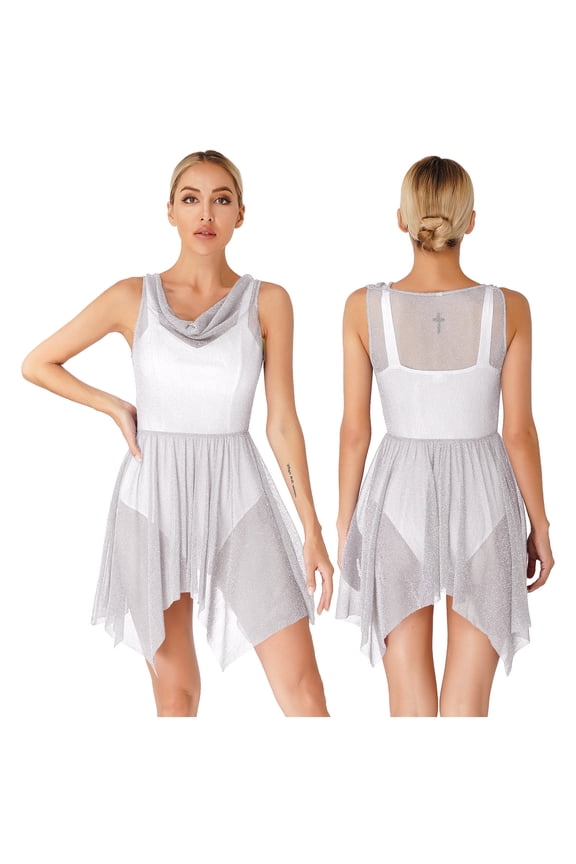 Women's Sleeveless Praise See-Through Liturgical Overlay Lyrical Coverups Dance Dress Silver S