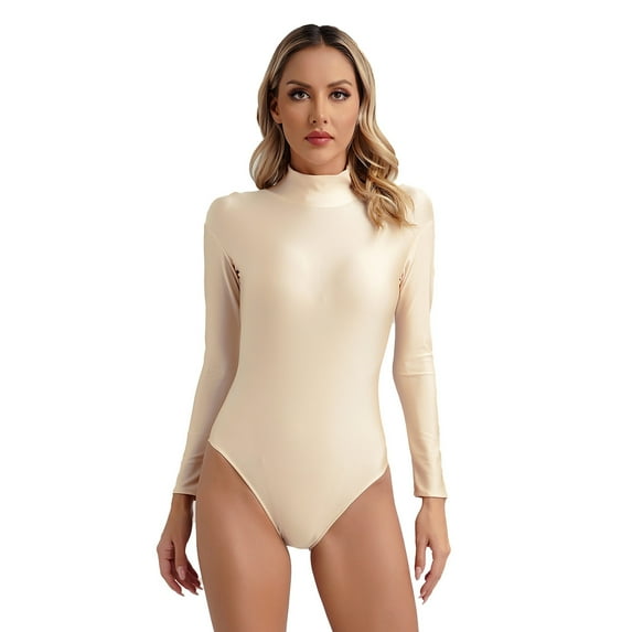 Alvivi Women's Solid Gymnastic Leotard Long Sleeve Bodysuit Tops for Exercise Acrobatics Dance Nude M