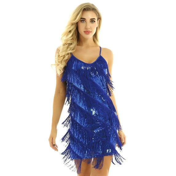 Alvivi Women's Sparkly Sequins Tassels Fringe Flapper Dress Latin Tango Belly 1920s Dance Costume Blue One_Size