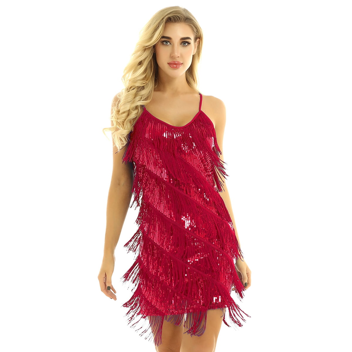 Alvivi Women's Sparkly Sequins Tassels Fringe Flapper Dress Latin Tango ...