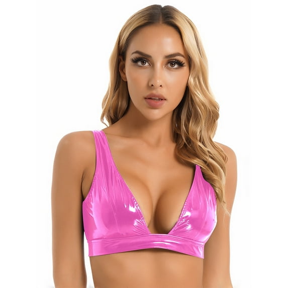 Alvivi Women's Wet Look Pu Leather Bra Top Plunging Tank Crop Top Vest Bustier Rave Dance Bra Hot Pink 4XL